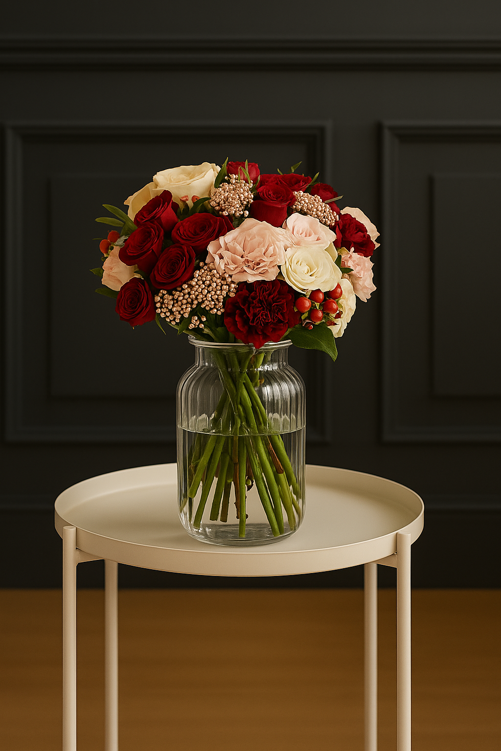 Velvet Elegance – Red & Ivory Rose Bouquet