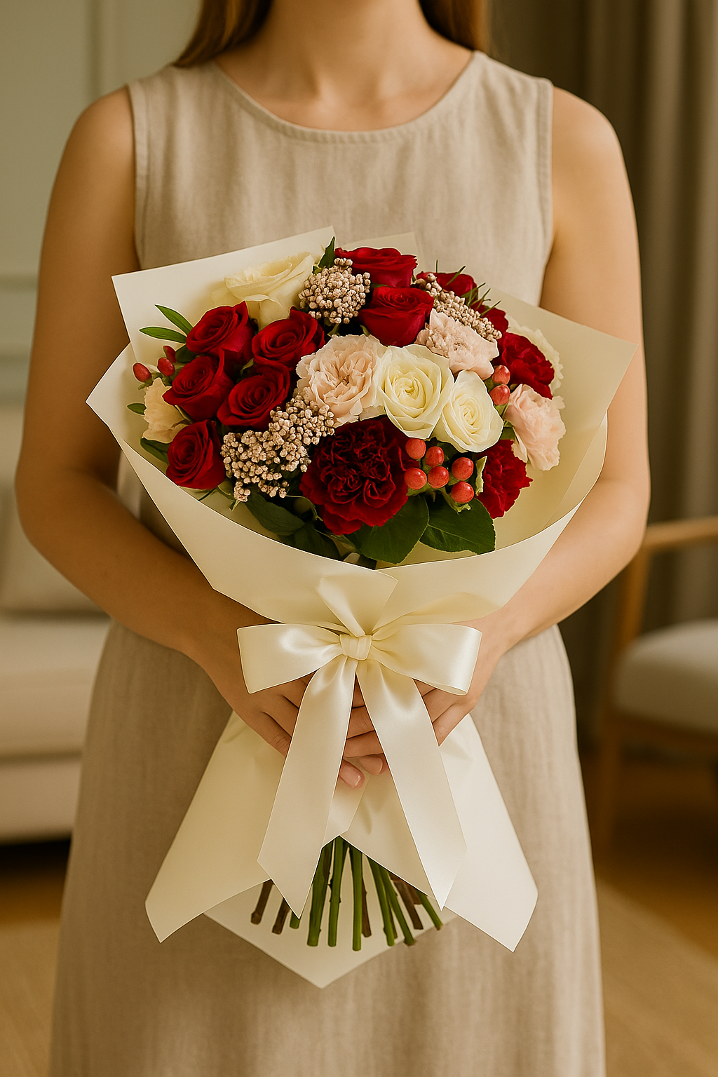 Velvet Elegance – Red & Ivory Rose Bouquet