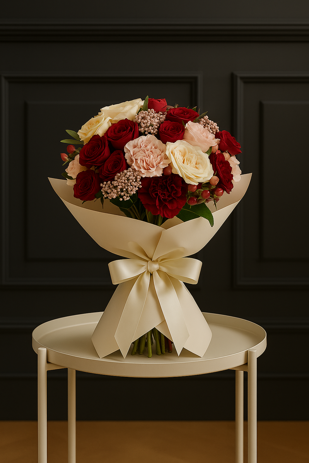 Velvet Elegance – Red & Ivory Rose Bouquet