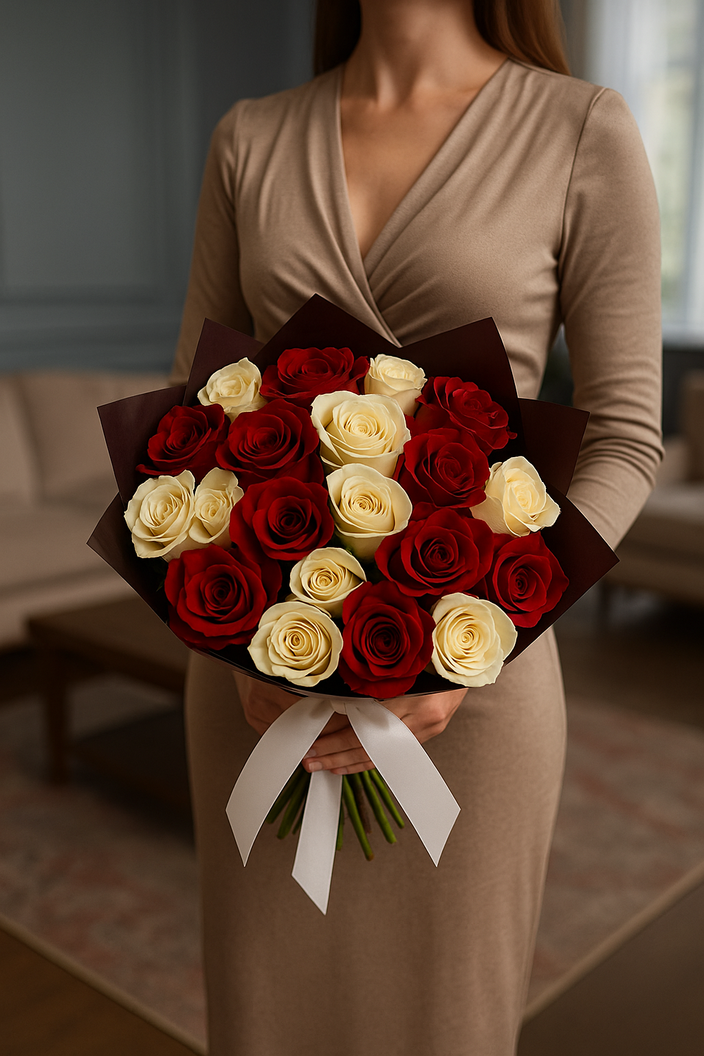 Red & White Rose Bouquet with 24 Stems