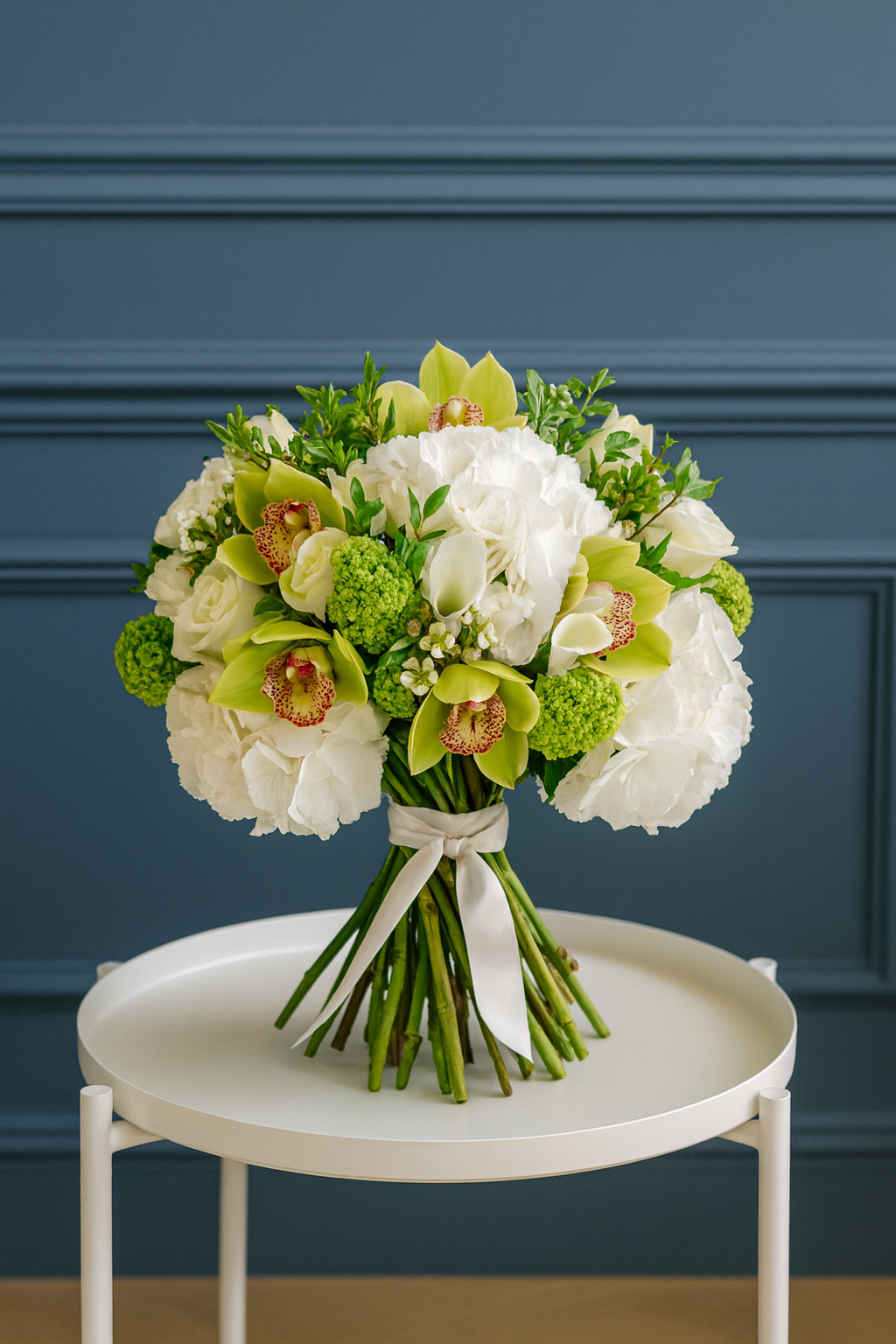 Pure Elegance – White Hydrangea & Green Orchid Bouquet