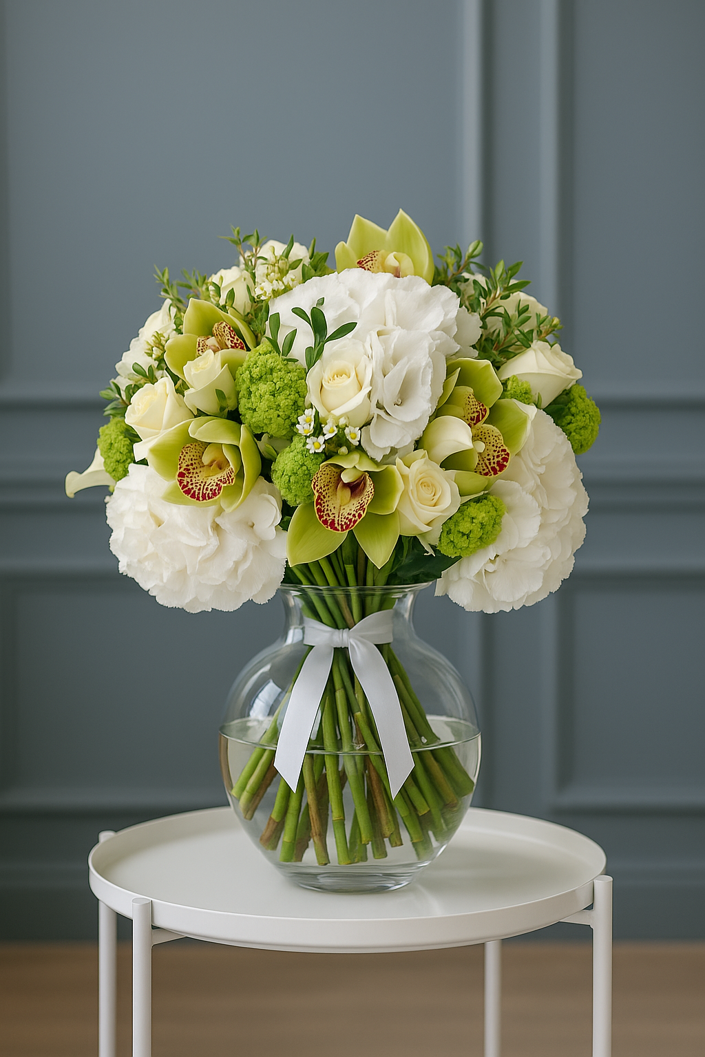 Pure Elegance – White Hydrangea & Green Orchid Bouquet
