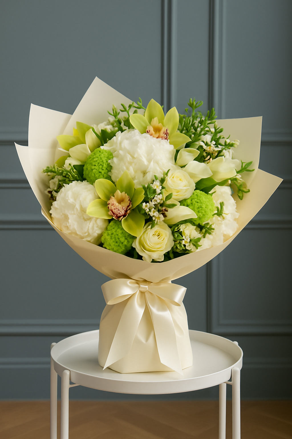 Pure Elegance – White Hydrangea & Green Orchid Bouquet
