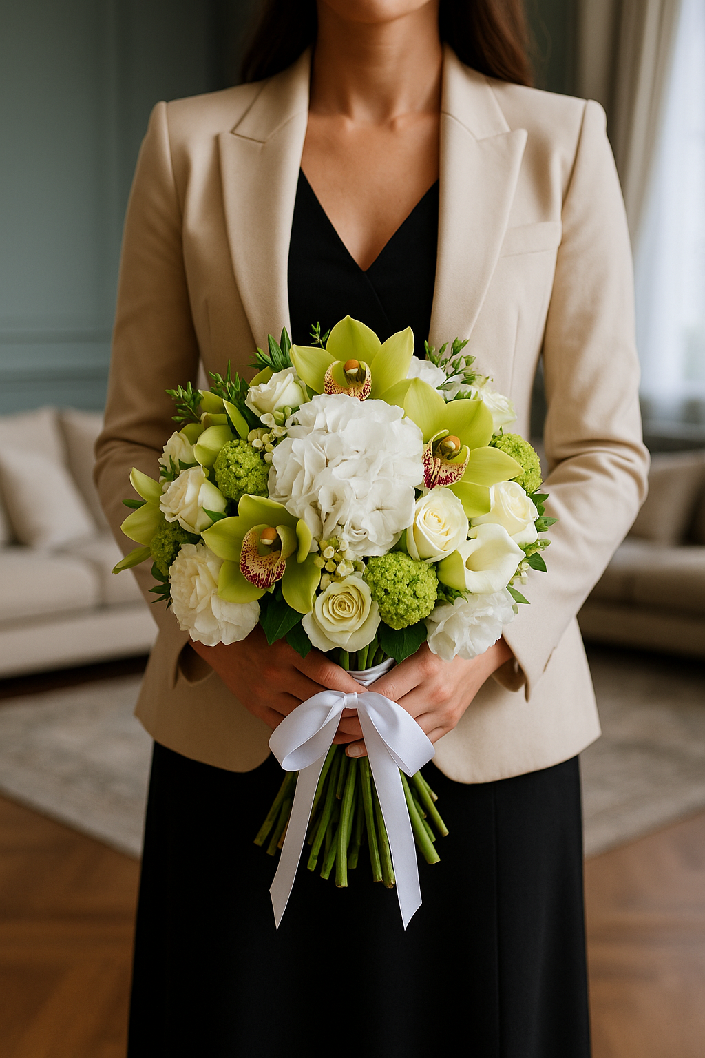 Pure Elegance – White Hydrangea & Green Orchid Bouquet