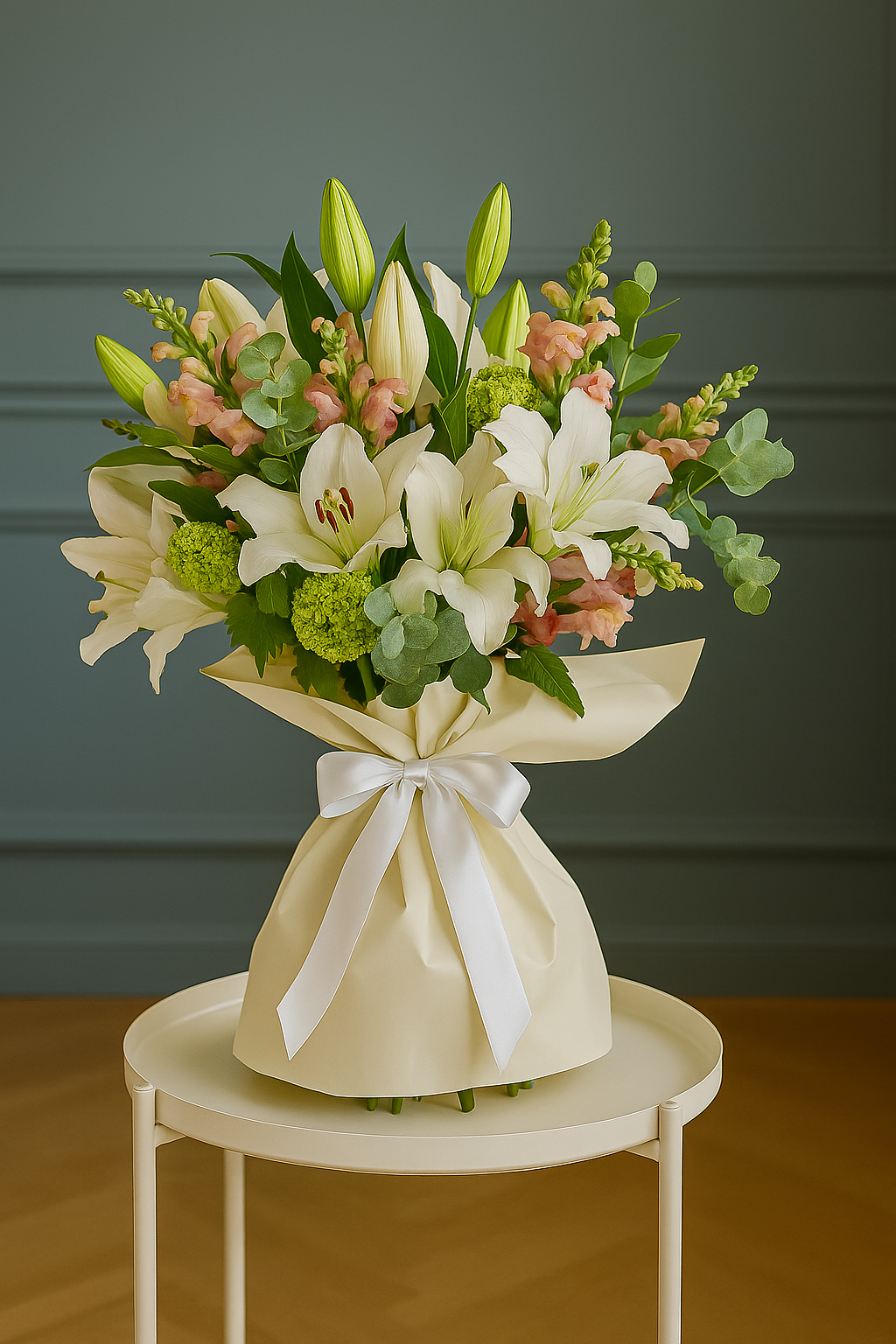 Elegant Grace – White Lily & Snapdragons Bouquet