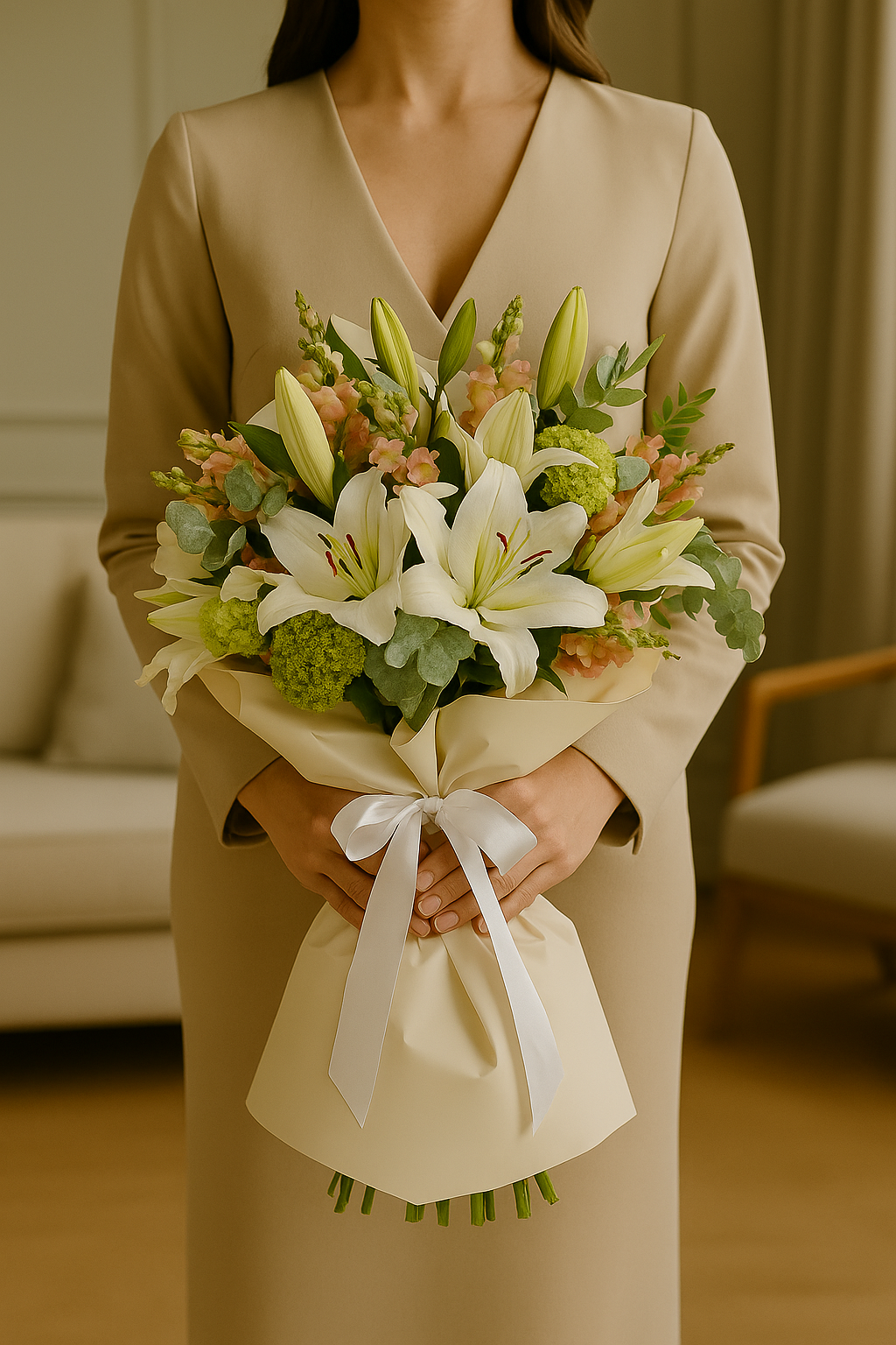 Elegant Grace – White Lily & Snapdragons Bouquet