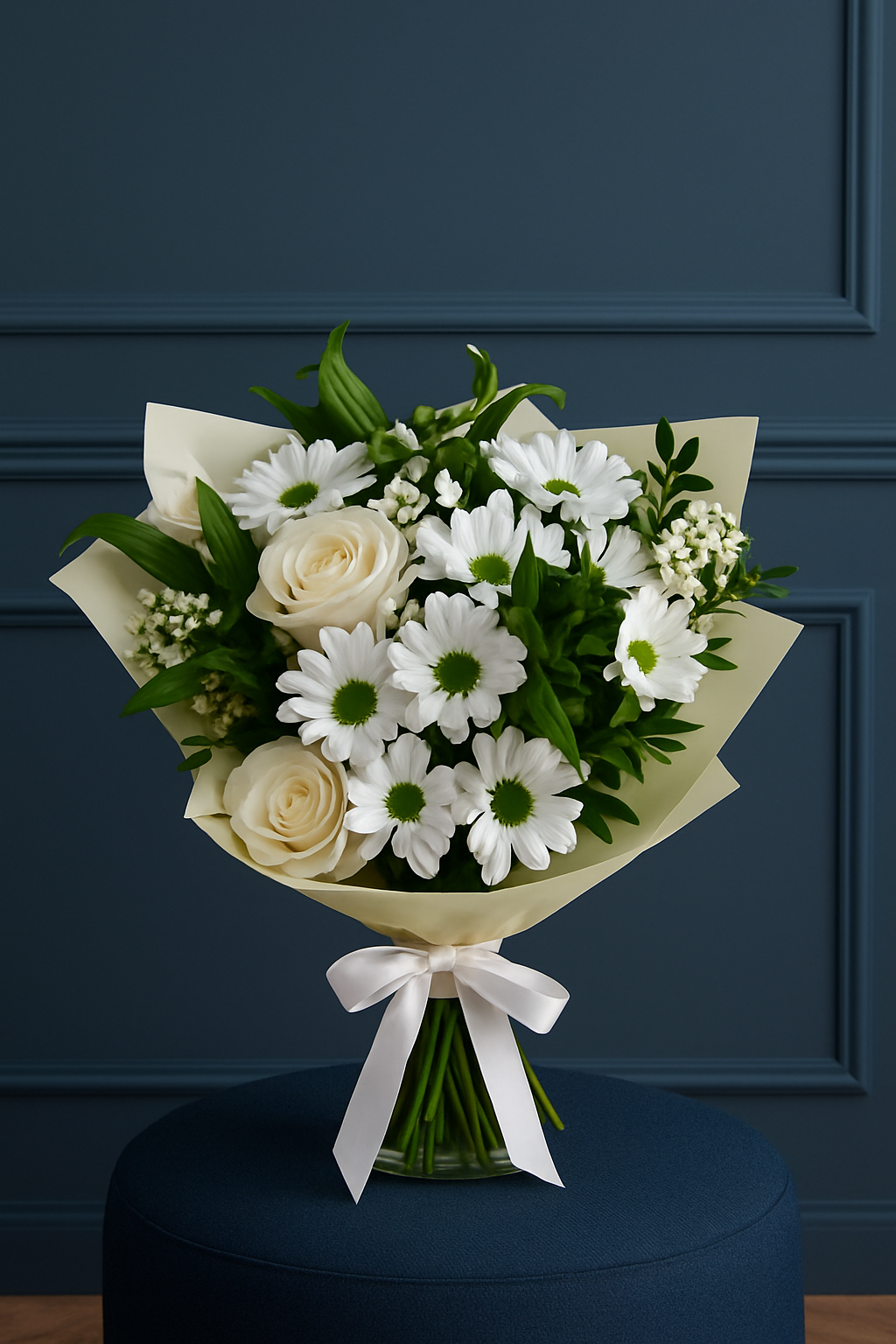 White Rose & Daisy Bouquet with Waxflowers
