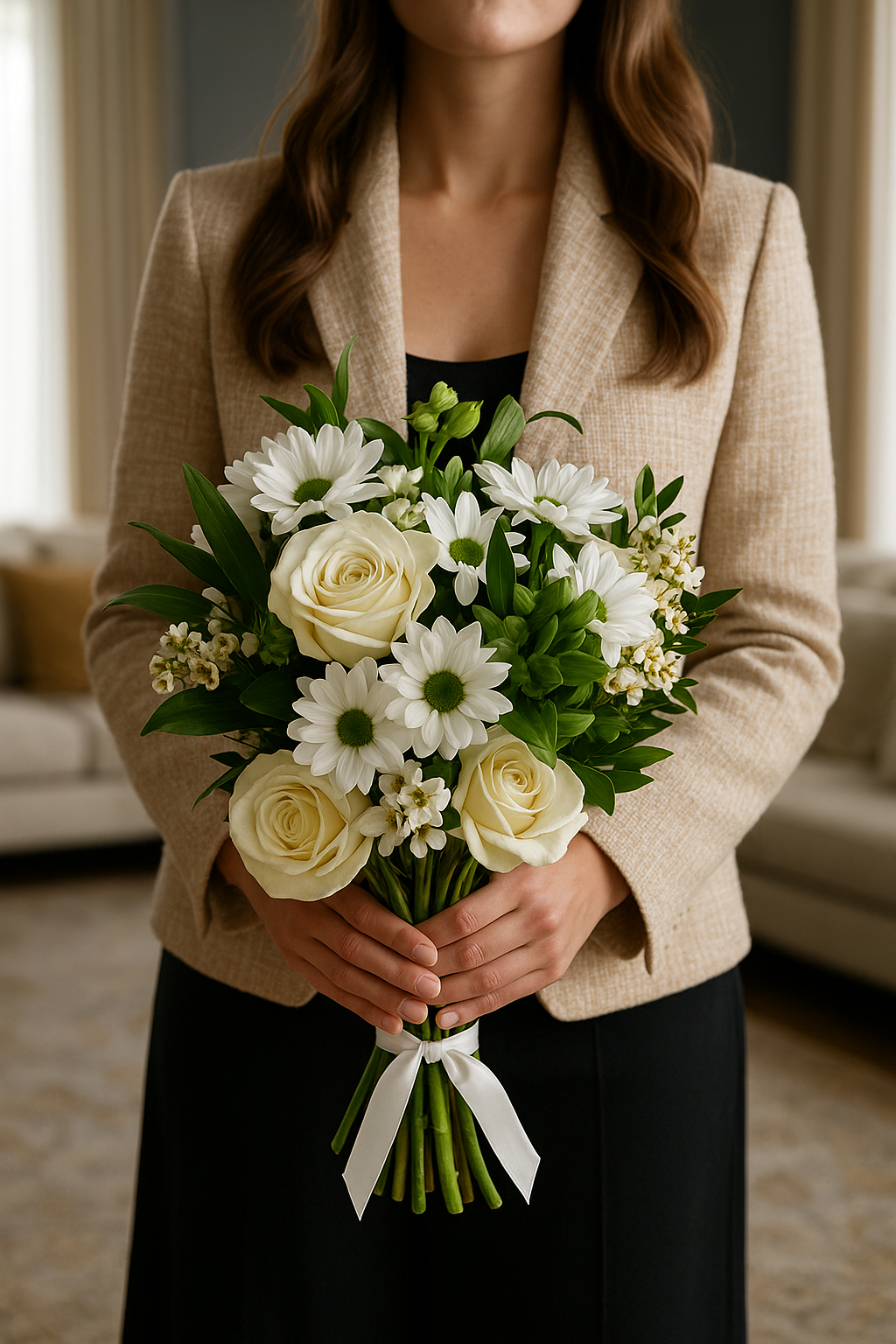 White Rose & Daisy Bouquet with Waxflowers