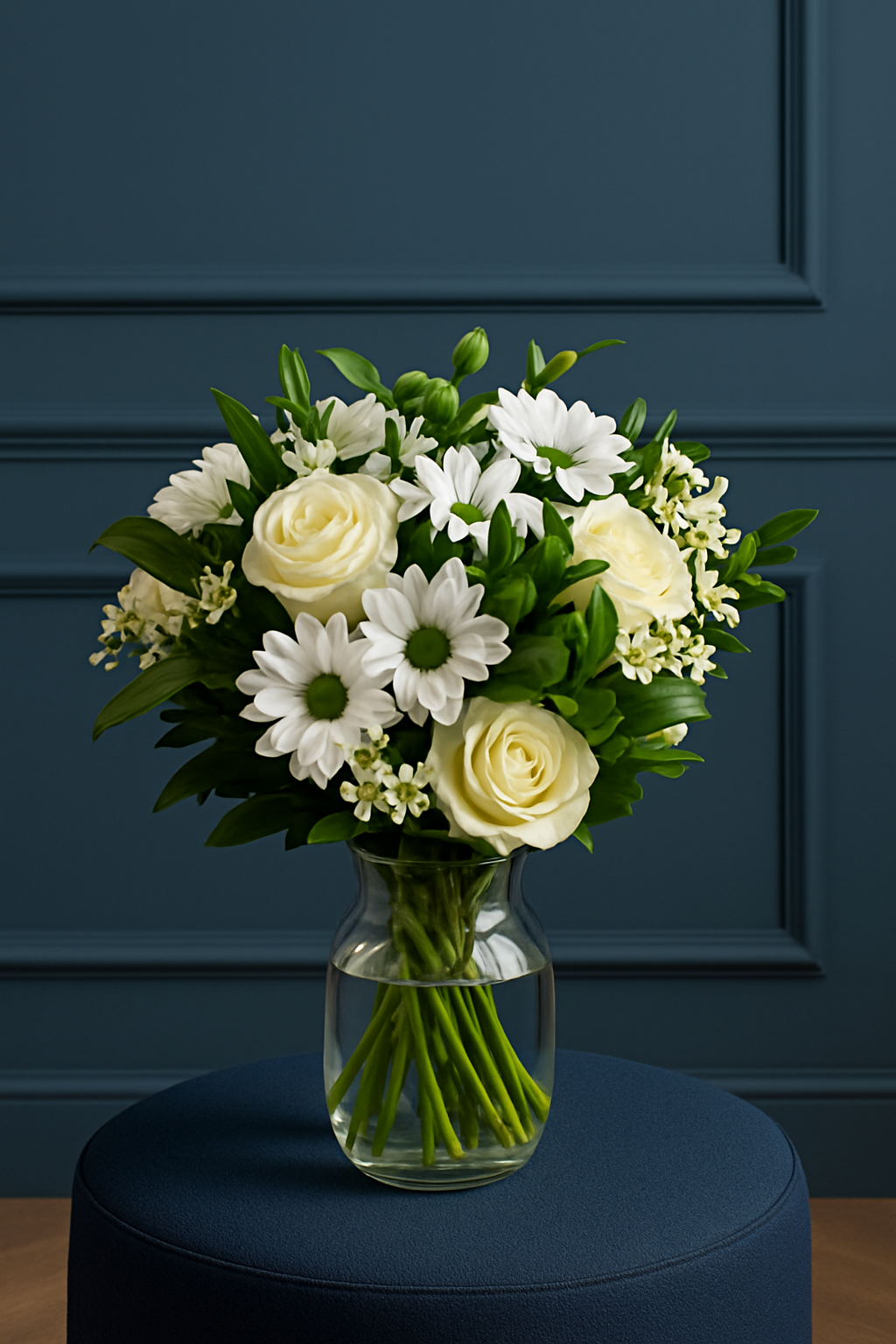 White Rose & Daisy Bouquet with Waxflowers
