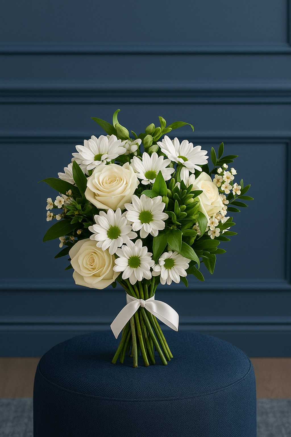 White Rose & Daisy Bouquet with Waxflowers