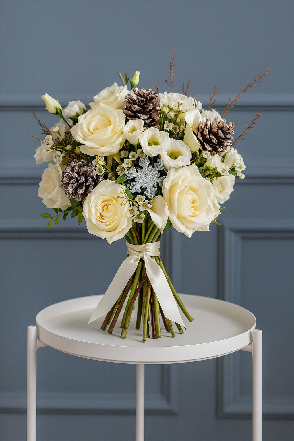 White Rose & Lisianthus Winter Bouquet with Pinecones