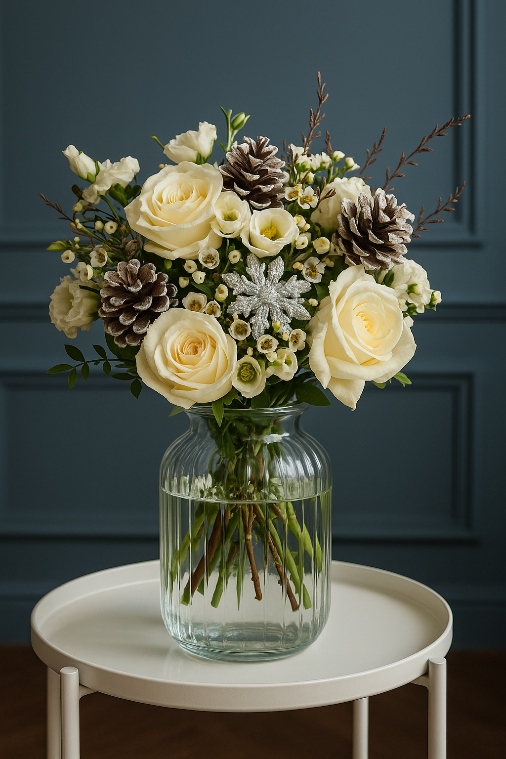 White Rose & Lisianthus Winter Bouquet with Pinecones