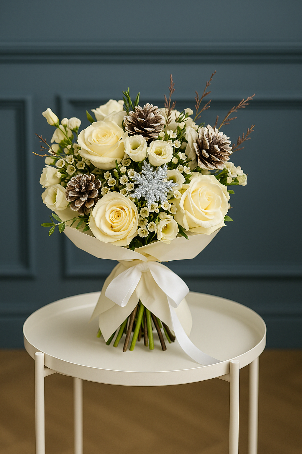 White Rose & Lisianthus Winter Bouquet with Pinecones