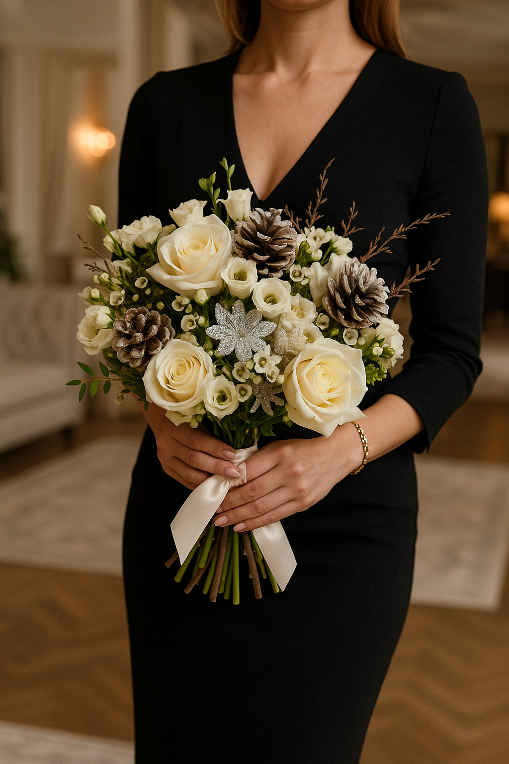 White Rose & Lisianthus Winter Bouquet with Pinecones