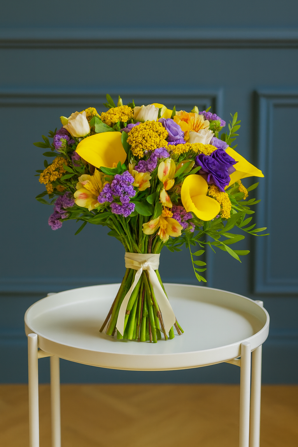Sunlit Harmony – Yellow Calla Lily & Purple Lisianthus Bouquet
