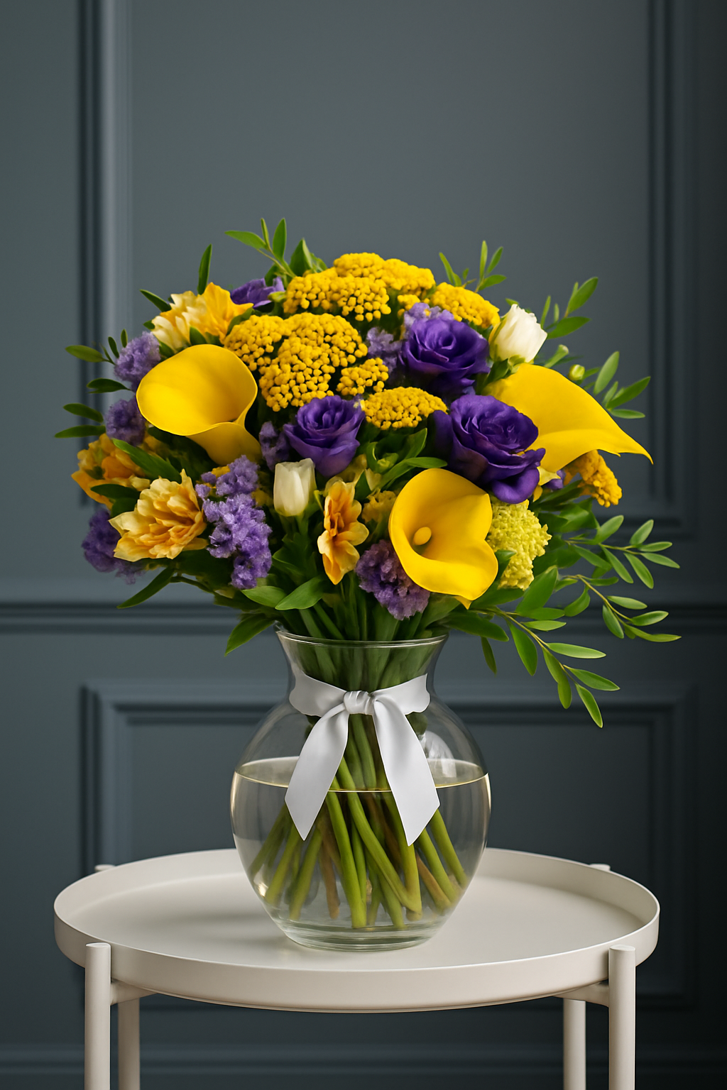 Sunlit Harmony – Yellow Calla Lily & Purple Lisianthus Bouquet
