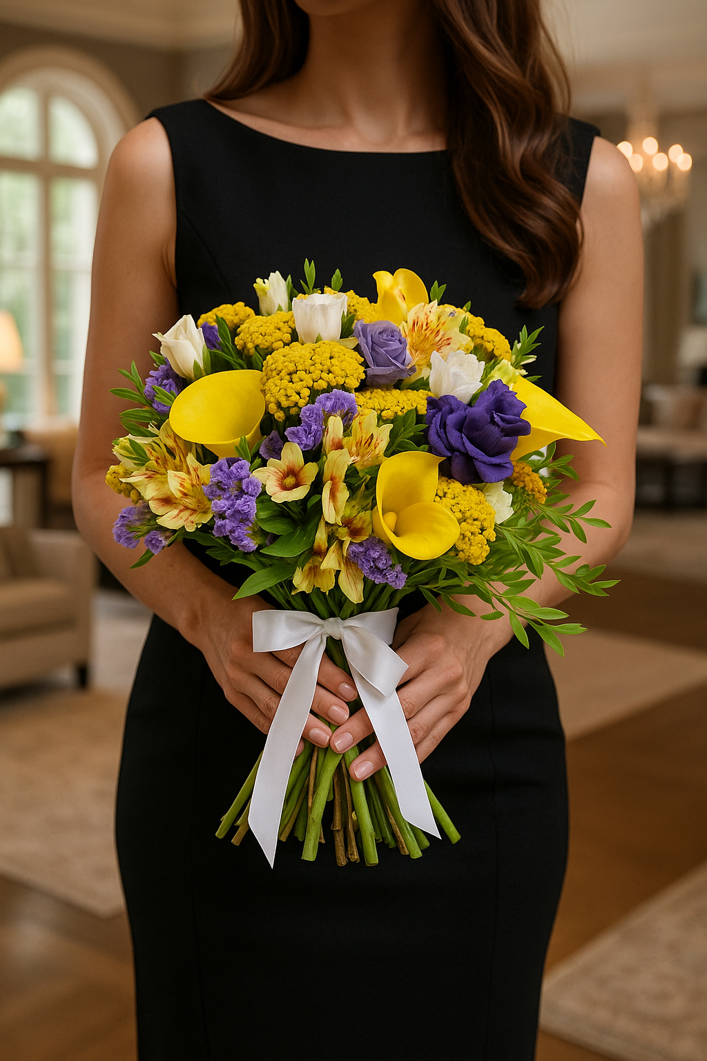 Sunlit Harmony – Yellow Calla Lily & Purple Lisianthus Bouquet