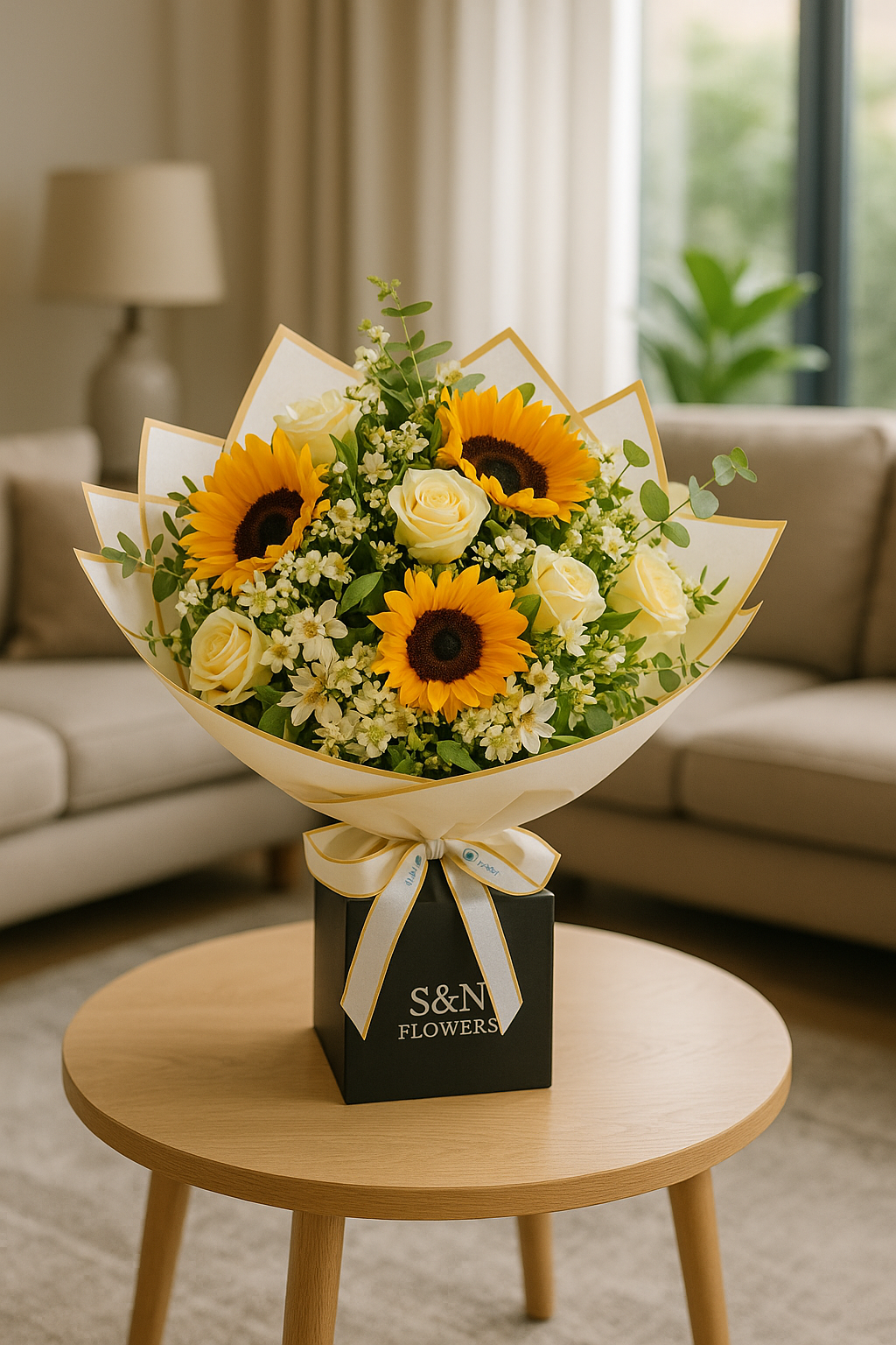 Sunshine Embrace – Sunflower & Cream Rose Bouquet