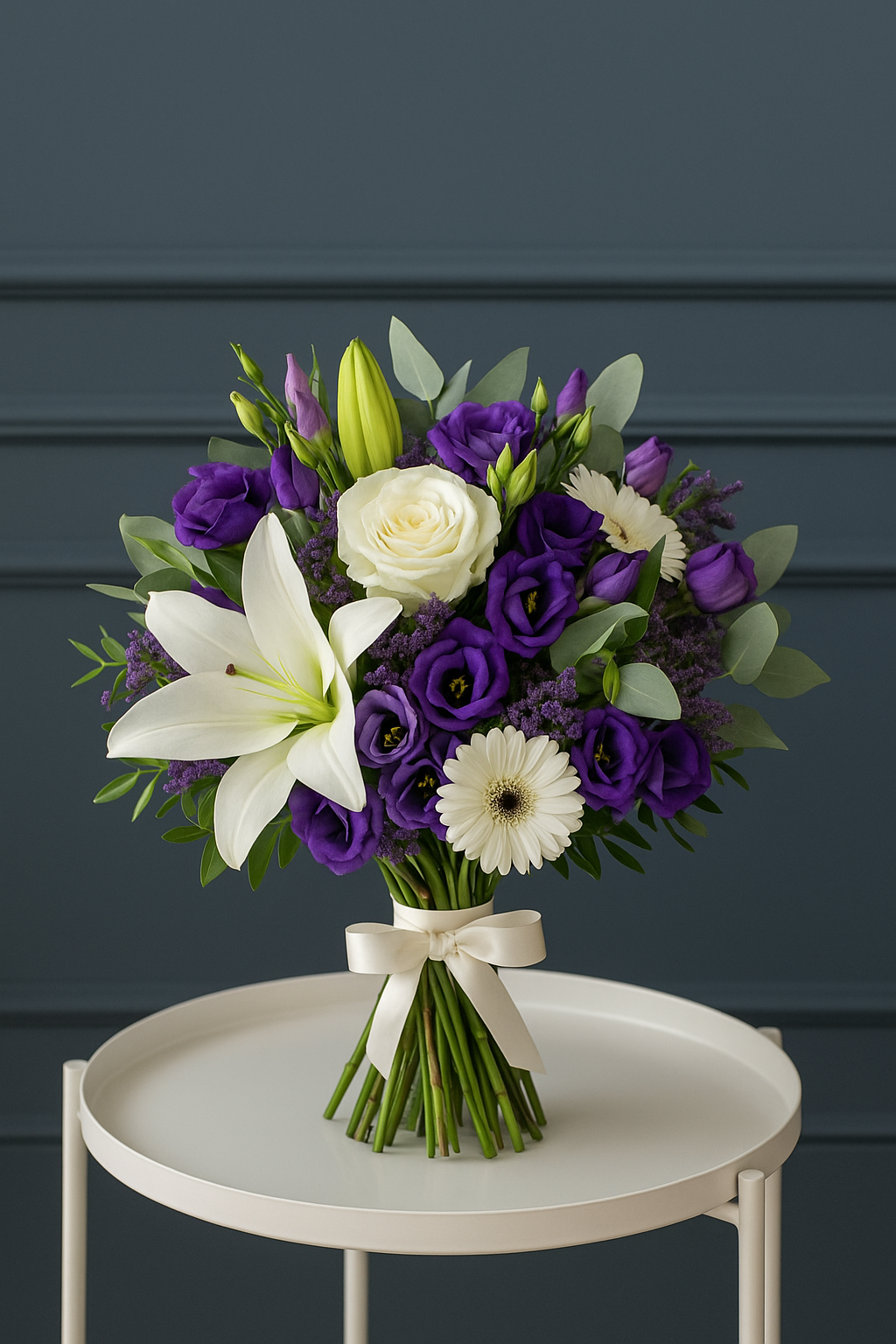 Elegant White Lily and Purple Lisianthus Bouquet